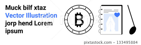 Bitcoin symbol inside a circle next to a notebook with a heart icon. Ideal for blockchain technology, cryptocurrency trading, digital finance, decentralized apps, fintech, investment, modern economy 133495884