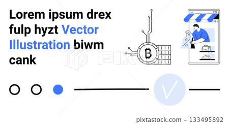Cryptocurrency symbol with interconnected nodes, person managing online store, progress indicators. Ideal for fintech, blockchain, e-commerce, tech blogs, educational material, presentations Cryptocurrency symbol with interconnected nodes, person managing online store, progress indicators. Ideal for fintech, blockchain, e-commerce, tech blogs, educational material, presentations 133495892