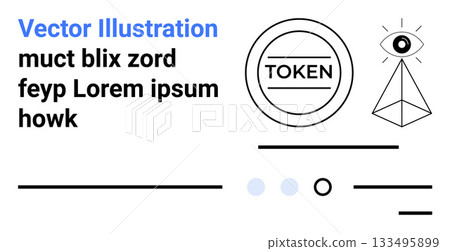 Token symbol, all-seeing eye on pyramid, lines, dots, and placeholder text in black and blue. Ideal for web design, branding, digital content, marketing, user interfaces, print media, modern art Token symbol, all-seeing eye on pyramid, lines, dots, and placeholder text in black and blue. Ideal for web design, branding, digital content, marketing, user interfaces, print media, modern art 133495899