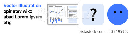 Business dashboard with graphs, question mark icon, and neutral face emotion. Ideal for data analysis, performance tracking, user queries, sentiment analysis, statistics, decision making, customer Business dashboard with graphs, question mark icon, and neutral face emotion. Ideal for data analysis, performance tracking, user queries, sentiment analysis, statistics, decision making, customer 133495902