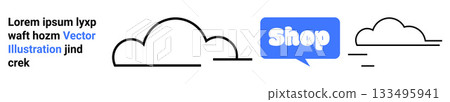 Black and white clouds with a blue speech bubble containing the word Shop. Ideal for online business advertisements cloud computing services weather apps and social media promotions. Banner 133495941