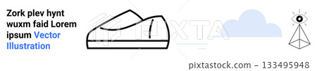 Simple shoe in black outlines next to an abstract eye pyramid and cloud. Ideal for fashion, abstract art, modern design, minimalism, creativity, digital art, and landing page Simple shoe in black outlines next to an abstract eye pyramid and cloud. Ideal for fashion, abstract art, modern design, minimalism, creativity, digital art, and landing page 133495948