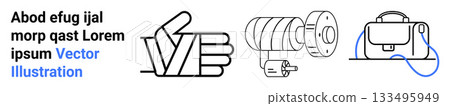 Thumbs-up symbolizes approval, gear mechanism indicates technical aspects, briefcase signifies work. Ideal for marketing, education, engineering, business, branding, presentations, web design 133495949