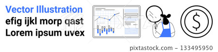 Data graph screen, character with magnifying glass, dollar sign. Ideal for financial analysis, business reports, market research, investment, economics, data visualization, landing page Data graph screen, character with magnifying glass, dollar sign. Ideal for financial analysis, business reports, market research, investment, economics, data visualization, landing page 133495950