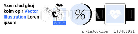 Doctor with stethoscope and clipboard, large percentage symbol, heart monitor on smartwatch. Ideal for healthcare websites, tech blogs, medical presentations, fitness apps, educational content Doctor with stethoscope and clipboard, large percentage symbol, heart monitor on smartwatch. Ideal for healthcare websites, tech blogs, medical presentations, fitness apps, educational content 133495951