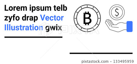 Bitcoin symbol inside a coin, dollar sign above a hand icon, black and blue colors, lorem ipsum text. Ideal for cryptocurrency, finance, fintech, investment, digital currency, blockchain Bitcoin symbol inside a coin, dollar sign above a hand icon, black and blue colors, lorem ipsum text. Ideal for cryptocurrency, finance, fintech, investment, digital currency, blockchain 133495959