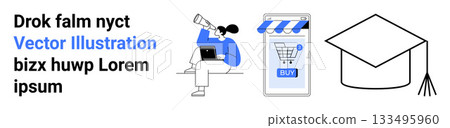 Businessman with laptop looking through a telescope, online shopping via smartphone with BUY button, graduation cap. Ideal for business planning, e-commerce, education, foresight, mobile apps Businessman with laptop looking through a telescope, online shopping via smartphone with BUY button, graduation cap. Ideal for business planning, e-commerce, education, foresight, mobile apps 133495960