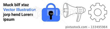 Blue padlock for security, megaphone for messaging, and gear for settings. Ideal for tech presentations, cybersecurity, digital marketing, app interfaces, educational materials, software development 133495964