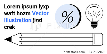 Bold text elements and a light blue percentage symbol, pencil, and lightbulb. Ideal for educational content, business strategies, creative projects, presentations, marketing materials, office decor 133495966