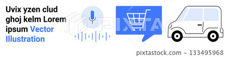 Microphone with sound waves, shopping cart in chat bubble, white car. Ideal for e-commerce, delivery services, voice assistance, online shopping, automation, tech interfaces, mobile apps. Landing Microphone with sound waves, shopping cart in chat bubble, white car. Ideal for e-commerce, delivery services, voice assistance, online shopping, automation, tech interfaces, mobile apps. Landing 133495968