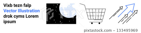 Text on left side, globe in center with a cart icon, and upward arrows on right side. Ideal for e-commerce, global trade, business growth, online shopping, market expansion. Banner for landing page Text on left side, globe in center with a cart icon, and upward arrows on right side. Ideal for e-commerce, global trade, business growth, online shopping, market expansion. Banner for landing page 133495969