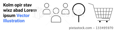 Shopping cart icon, magnifying glass, and user avatars combined with placeholder text. Ideal for e-commerce sites, online shopping, retail, product search, user engagement, customer profiles, store 133495970