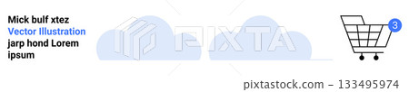Shopping cart with three-item notification, two soft blue clouds. Ideal for e-commerce, online shopping, retail, user notifications, purchase alerts, marketing, web design. Landing page 133495974