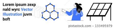 Woman pointing at solar panel with hexagonal atomic structure and sample text. Ideal for renewable energy, technology, education, science, presentations, environmental awareness, and research Woman pointing at solar panel with hexagonal atomic structure and sample text. Ideal for renewable energy, technology, education, science, presentations, environmental awareness, and research 133495979