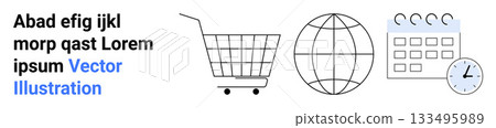 Shopping cart, globe, calendar, and clock icons symbolizing online shopping and global business operations. Ideal for e-commerce platforms, business websites, scheduling tools, global market 133495989