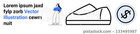 Female character, stylish white sneaker, and dollar currency symbol in blue circle. Ideal for fashion, e-commerce, retail, online shopping, financial investment, marketing, website design. Landing Female character, stylish white sneaker, and dollar currency symbol in blue circle. Ideal for fashion, e-commerce, retail, online shopping, financial investment, marketing, website design. Landing 133495997