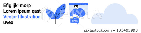 Text blocks, leaf, person holding cashback sign in screen window, cloud icon. Ideal for finance, shopping, education, marketing, eco-friendly campaigns, app design, web design. Landing page Text blocks, leaf, person holding cashback sign in screen window, cloud icon. Ideal for finance, shopping, education, marketing, eco-friendly campaigns, app design, web design. Landing page 133495998