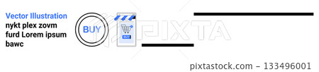 Bold BUY button next to a smartphone displaying a shopping cart icon. Ideal for e-commerce, mobile apps, digital marketing, online stores, retail promotions, user interfaces, and modern tech. Landing 133496001