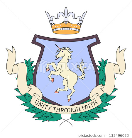 Cartoon Color Heraldic Shield with Ornament Decoration, Unicorn and Crown Concept Flat Design Style with Elements Thin Line. Vector illustration 133496023