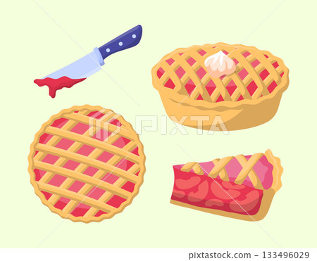Cartoon Color Whole and Cut Apple Pie Set Sweet Baked Pastry Concept Flat Design Style. Vector illustration Cartoon Color Whole and Cut Apple Pie Set Sweet Baked Pastry Concept Flat Design Style. Vector illustration 133496029