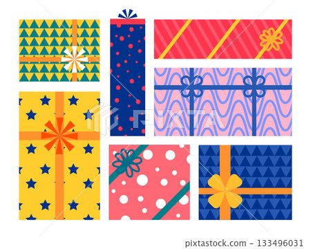 Cartoon Color Different Shapes Christmas Gift Boxes Set Top and Side View Xmas Celebration Concept Flat Design Style. Vector illustration Cartoon Color Different Shapes Christmas Gift Boxes Set Top and Side View Xmas Celebration Concept Flat Design Style. Vector illustration 133496031