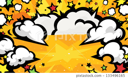American comic style pop shock smoke background illustration_yellow star_16:9 American comic style pop shock smoke background illustration_yellow star_16:9 133496165