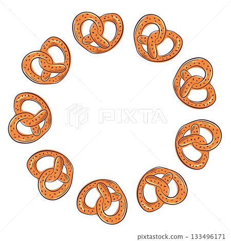Pretzel wreath in flat style. Bakery design product for Oktoberfest isolated on a white background. 133496171