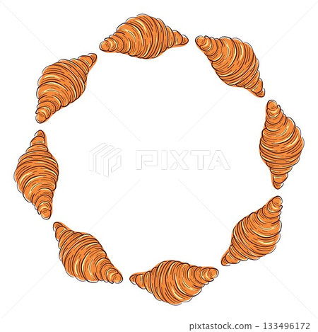 Wreath with baked croissant with flaky and crispy layers. Bakery for restaurant, cafe menu in flat style isolated on a white background. Wreath with baked croissant with flaky and crispy layers. Bakery for restaurant, cafe menu in flat style isolated on a white background. 133496172