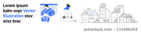 Man working remotely, woman on electric scooter, eco-friendly buildings with solar panels. Ideal for tech solutions, remote work, sustainability, green living, smart cities, modern lifestyles, urban Man working remotely, woman on electric scooter, eco-friendly buildings with solar panels. Ideal for tech solutions, remote work, sustainability, green living, smart cities, modern lifestyles, urban 133496203