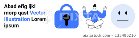 Large blue padlock icon, person meditating in blue clothes, and neutral face emotion. Ideal for cybersecurity, mindfulness, mental health, self-care, privacy concerns, technology, and emotional Large blue padlock icon, person meditating in blue clothes, and neutral face emotion. Ideal for cybersecurity, mindfulness, mental health, self-care, privacy concerns, technology, and emotional 133496210