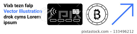 Credit card icon, Bitcoin symbol, and upward arrow representing financial growth, digital currency, and modern transactions. Ideal for banking, cryptocurrency, fintech, online payments, finance apps 133496212