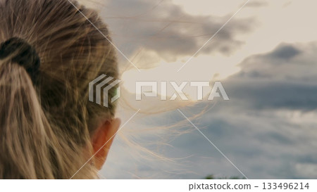 Faithful Little Girl, Prayer among the Clouds, Youngster s Moments of Hope, Hands Together with Dreams, Wishful Thinking Child, Childhood Prayer Outdoors, Connecting with the Divine, Beautiful Sky and 133496214