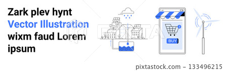 Mobile device for online shopping, cityscape with infrastructure, renewable energy windmill. Ideal for technology, e-commerce, renewable energy, smart city projects, mobile apps, digital commerce Mobile device for online shopping, cityscape with infrastructure, renewable energy windmill. Ideal for technology, e-commerce, renewable energy, smart city projects, mobile apps, digital commerce 133496215