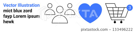 Three minimalist people icons, a blue heart symbol, and a shopping cart with a notification badge. Ideal for UIUX design, social interaction, e-commerce, notifications, user engagement, online 133496222