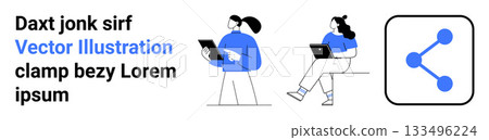 Two figures actively engaging with tablets and laptops. Right side shows a social media share icon. Ideal for technology, remote work, digital communication, social networking, workplace Two figures actively engaging with tablets and laptops. Right side shows a social media share icon. Ideal for technology, remote work, digital communication, social networking, workplace 133496224