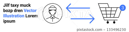 Outline of user with cap, arrows indicating interaction with shopping cart showing 3 items. Ideal for e-commerce, online shopping, web stores, user interface, checkout process, retail, digital 133496230