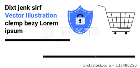 Shows a shopping cart and a blue shield with a padlock. Ideal for online shopping, secure transactions, data protection, cybersecurity, and e-commerce platforms. Banner for landing page Shows a shopping cart and a blue shield with a padlock. Ideal for online shopping, secure transactions, data protection, cybersecurity, and e-commerce platforms. Banner for landing page 133496250