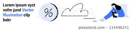 Text box, percentage icon, cloud outline, and woman reading a book. Single color tone. Ideal for websites, blogs, educational materials, e-commerce, presentations, marketing, social media. Landing 133496251