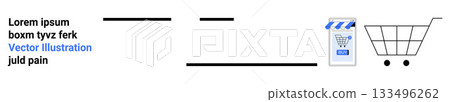 Shopping cart with blue lines, store icon, and text elements in black and blue. Ideal for e-commerce themes, online shopping, retail, marketing, business presentations, UX design, and landing page 133496262