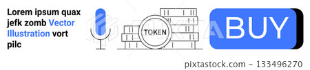Microphone, stacked tokens with TOKEN label, blue BUY button on gradient background. Ideal for cryptocurrency, finance apps, online transactions, digital currency operations, voice commands, fintech 133496270