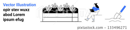 Raised garden bed with plants, person working on laptop, and hand trowel digging. Ideal for garden planning, remote work, urban gardening, productivity tools, eco-friendly living, horticulture Raised garden bed with plants, person working on laptop, and hand trowel digging. Ideal for garden planning, remote work, urban gardening, productivity tools, eco-friendly living, horticulture 133496271
