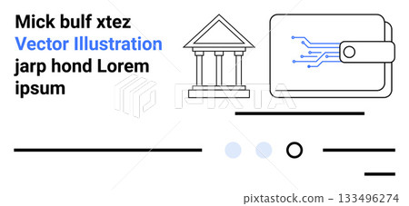 Building with columns, digital wallet with circuit lines, and abstract design elements. Ideal for fintech, digital payments, banking, finance, technology, modern transactions, online banking. Landing Building with columns, digital wallet with circuit lines, and abstract design elements. Ideal for fintech, digital payments, banking, finance, technology, modern transactions, online banking. Landing 133496274