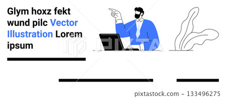 Man in blue suit gesturing at laptop screen, alongside decorative plant. Ideal for corporate presentations, business websites, marketing materials, e-learning modules, tech blogs, newsletters 133496275