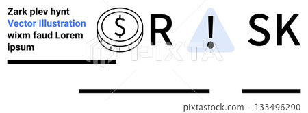 Coin with dollar symbol, exclamation sign, large bold RISK text in black, horizontal lines. Ideal for finance, economics, business risk analysis, investment caution, financial alerts, monetary Coin with dollar symbol, exclamation sign, large bold RISK text in black, horizontal lines. Ideal for finance, economics, business risk analysis, investment caution, financial alerts, monetary 133496290