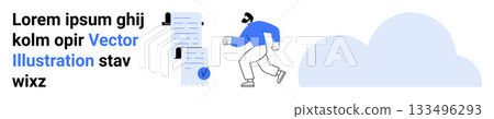 Person in blue sweater walking with documents, cloud icon, and text. Ideal for business, technology, data storage, cloud services, office work, document management, and web design. Landing page Person in blue sweater walking with documents, cloud icon, and text. Ideal for business, technology, data storage, cloud services, office work, document management, and web design. Landing page 133496293