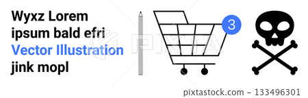 Shopping cart with notification, lorem ipsum text in black, pencil in grey, skull and crossbones in black. Ideal for e-commerce, notifications, education, warnings, minimalistic design, UXUI 133496301