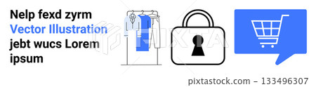 Clothes rack with garments, secure lock icon, and shopping cart in chat bubble. Ideal for e-commerce, security, online transactions, retail, fashion, cybersecurity, digital marketing. Landing page Clothes rack with garments, secure lock icon, and shopping cart in chat bubble. Ideal for e-commerce, security, online transactions, retail, fashion, cybersecurity, digital marketing. Landing page 133496307