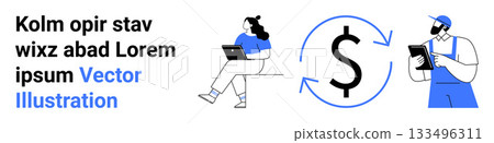 Man and woman using laptops, large dollar sign with arrows, text placeholder. Ideal for teamwork, finance, remote work, tech, communication, business, and digital marketing themes. Landing page Man and woman using laptops, large dollar sign with arrows, text placeholder. Ideal for teamwork, finance, remote work, tech, communication, business, and digital marketing themes. Landing page 133496311