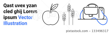 Apple, wheat stalks, satchel with headphone. Ideal for educational content, health themes, agriculture, travel, minimalistic designs, presentations, digital illustrations Landing page Apple, wheat stalks, satchel with headphone. Ideal for educational content, health themes, agriculture, travel, minimalistic designs, presentations, digital illustrations Landing page 133496317