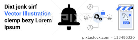 Notification bell, network with gear and padlock, and a mobile shopping cart. Ideal for alerts, security, online shopping, notifications, e-commerce, mobile app designs, and network connectivity 133496320